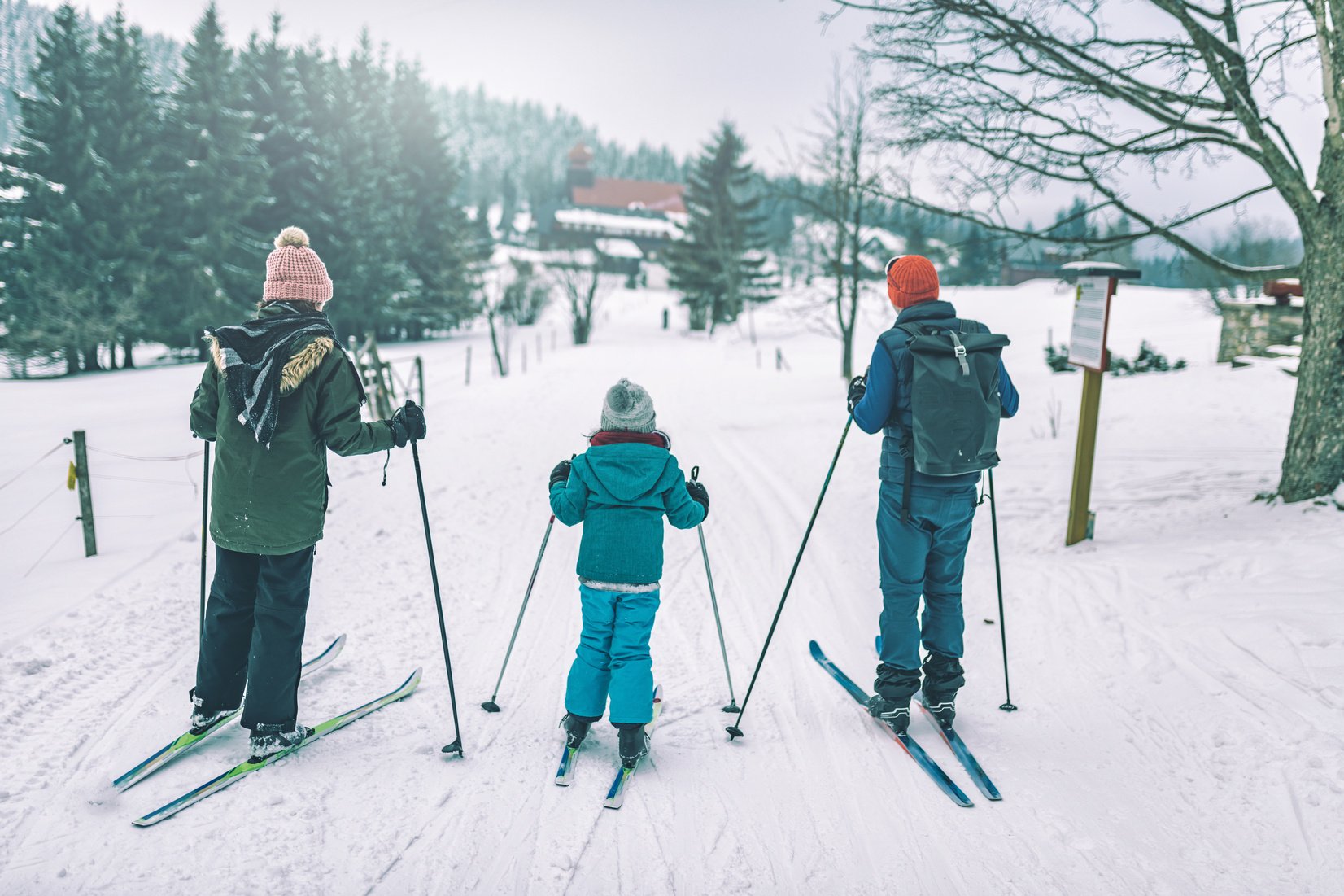 family in snowy winter landscape on cross-country-ski